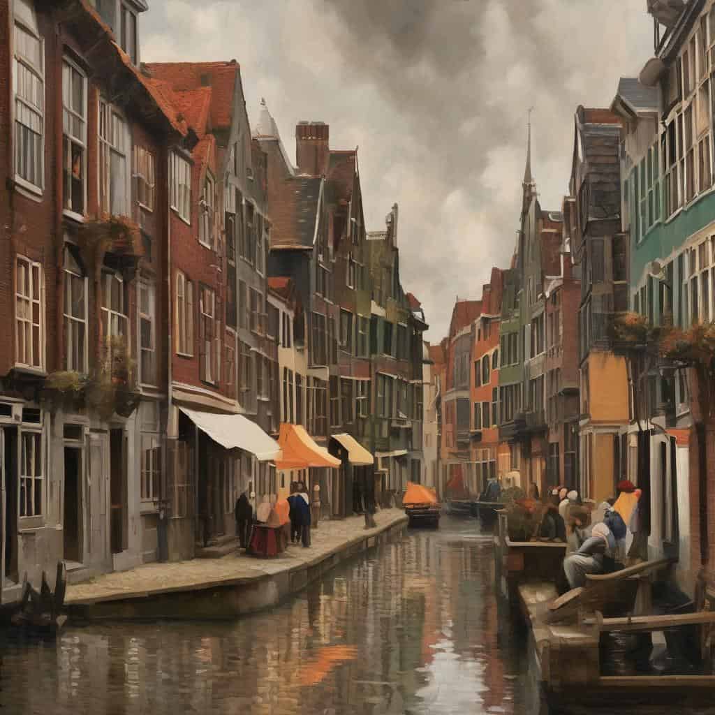 Γραφείο εκτός με καφετέρια στην πανώρια, παραδοσιακά σπίτια, κανάλι και περαστικοί στο Άμστερνταμ.