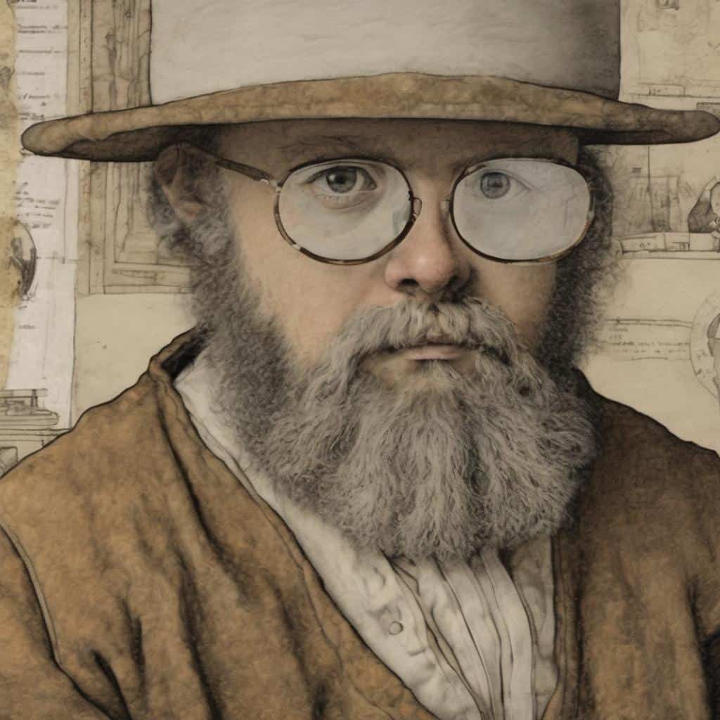 Απεικόνιση καθημερινού και τέχνης, ρεαλιστικό πορτρέτο με καπέλο και γυαλιά, εμπνευσμένο από καθημερινά αντικείμενα και τέχνη.