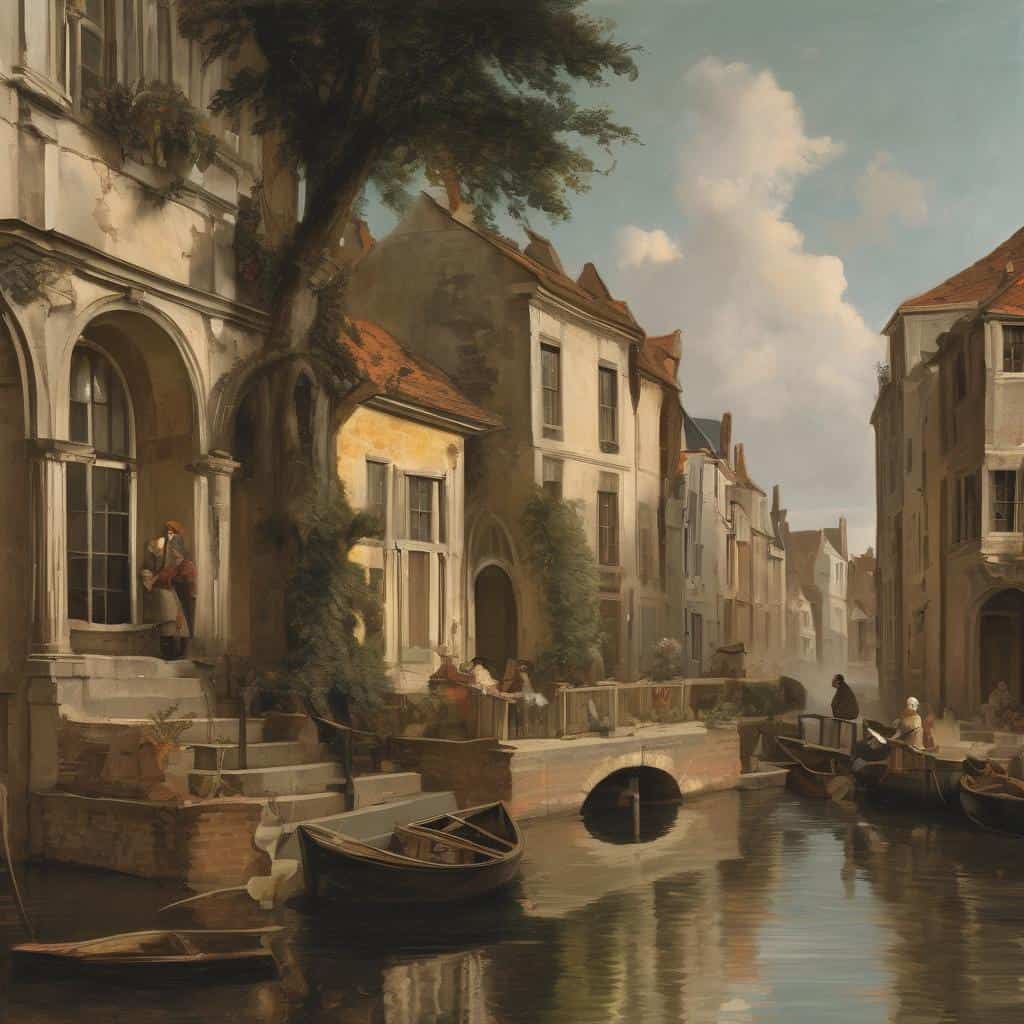 Παραδοσιακή ευρωπαϊκή πόλη με κανάλι και γαλήνιες σκηνές καθημερινότητας, εμπνευσμένες από την τέχνη της απεικόνισης.