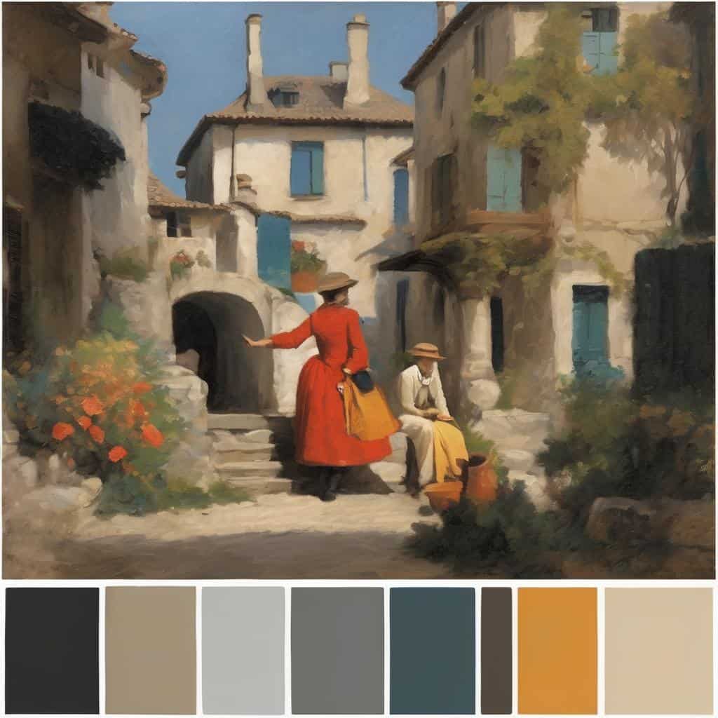 Ζωγραφική εικόνα καθημερινής ζωής σε χωριό με γυναίκες και αρχοντικά, τέχνη, απεικόνιση, καθημερινά στιγμιότυπα, ζωγραφική τέχνη, ρεαλιστικό στυλ, σε πορτοκαλοχρυσα αποχρώσεις.