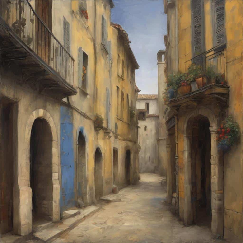 Συντηρημένο αστικό τοπίο, παλιά μεσογειακή οδό με πολυκατοικίες και φρούτα στα μπαλκόνια, σε ρεαλιστικό στιλ.