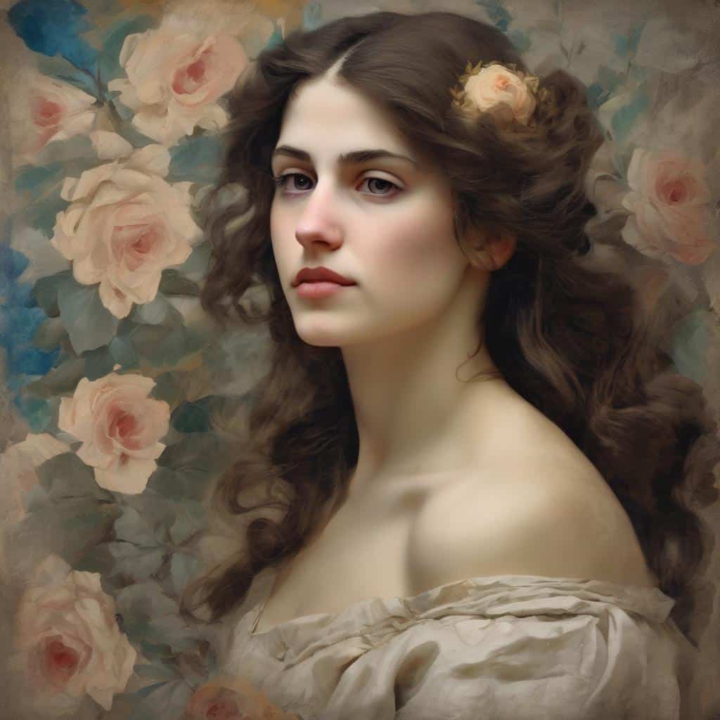 Απεικόνιση καθημερινού σε τέχνη, πορτρέτο γυναίκας με λουλούδια, ρεαλιστική ζωγραφική, σύγχρονη τέχνη, καθημερινά στιγμιότυπα.